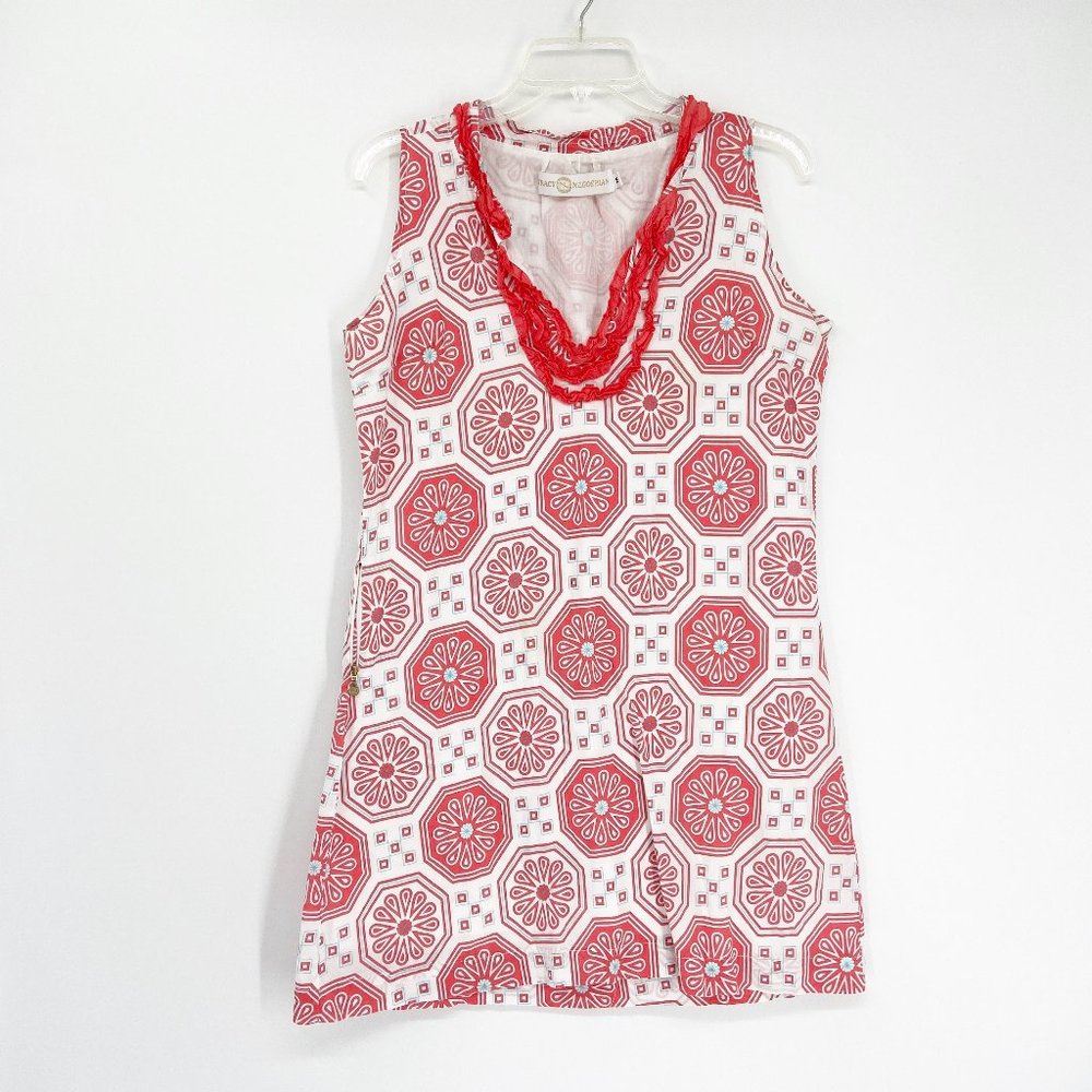 Tracy Negoshian Red White Shift Dress Medallion Print